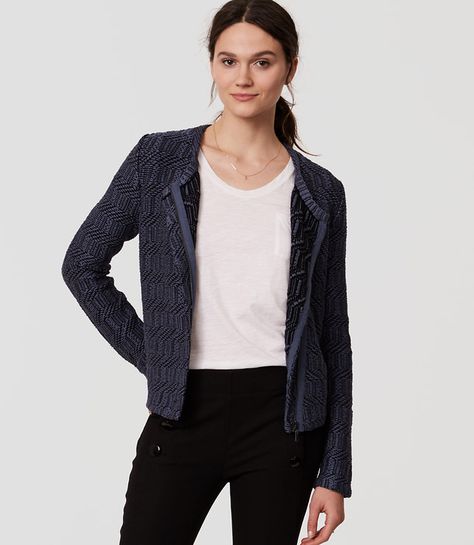 have been wanting to try a moto jacket.  Like the texture & color of this one. Cardigan Zipper, Asymmetrical Cardigan, Blue Black Color, Khaki Jacket, Jacket Buttons, Petite Size, Moto Jacket, Ann Taylor Loft, Vest Jacket