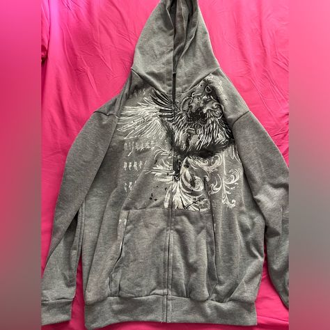 Alt Zip Up Hoodie, Affliction Zip Up, Oversized Grey Hoodie, Early 2000s Outfits, Thrift Manifest, Xmas Clothes, Dark Y2k, Gray Zip Up Hoodie, Grunge Jacket