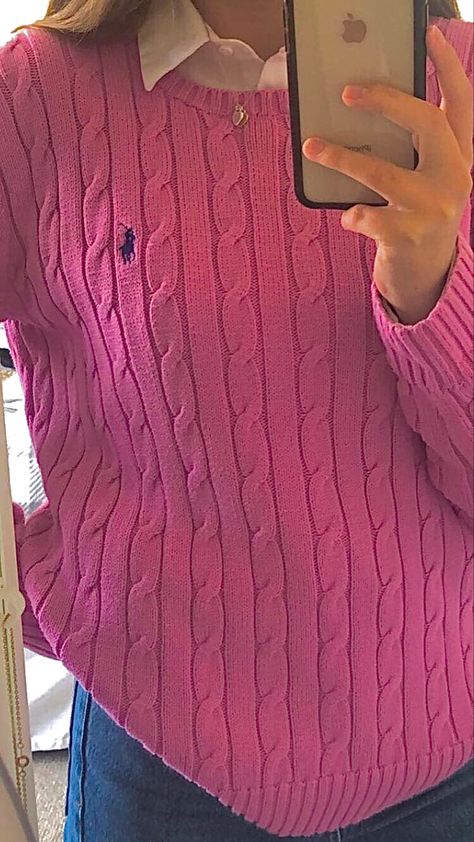 Pink Polo Sweater Outfit, Pink Ralph Lauren Sweater Outfit, Polo Sweater Outfit Women, Ralph Lauren Sweater Outfit, Polo Sweater Outfit, Preppy Outfits Aesthetic, Pullovers Outfit, Hot Pink Sweater, Vintage Outfit