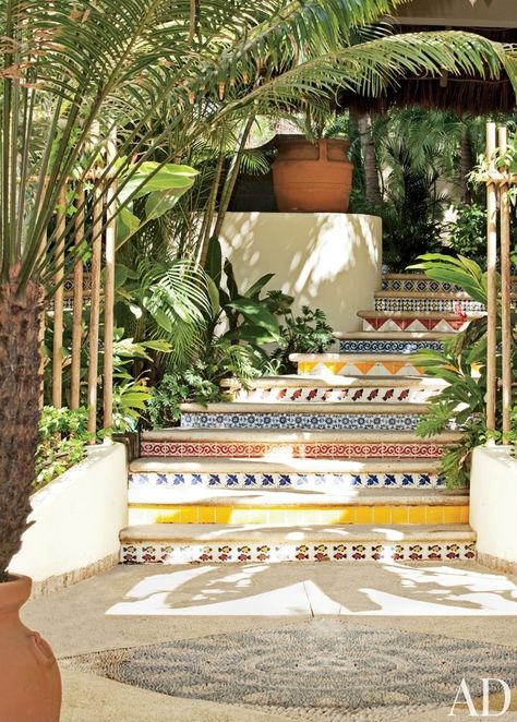 Exotic Staircase/Hallway by Martyn Lawrence Bullard in Punta Mita, Mexico Tile Steps, Mexican Beaches, Mexico House, Escalier Design, Tile Stairs, Outdoor Stairs, Casas Coloniales, Mexican Tile, Beach House Interior