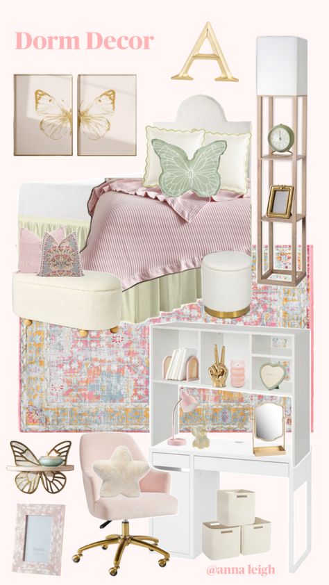 This single dorm room features gold accents, butterfly decor, and pink accents! #dorm #dormdecor #pinkdormdecor Gold Girls Room, Light Pink Rooms, Single Dorm Room, Pink Dorm Rooms, Fancy Bedroom, Pink Dorm, Dorm Room Designs, Dorm Room Ideas, Butterfly Decor