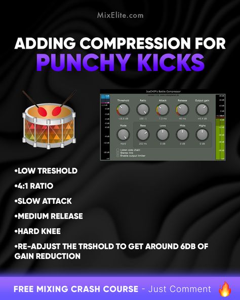 Free Mixing Crash Course 👉 MixElite.com/free-course ⁠ Kick Compression Cheat Sheet 🥁🎚️⁠ ⁠  ⁠ #compressiontips #punchykicks #musicproduction #mixingmasterclass #producerlife #audiomixing #beatmaking #drumcompression #studiohacks #musicproducertips #homestudio #soundengineerin Producer Tips, Mixing Cheat Sheet, Fl Studio Tips, Live Sound System, Diy Drum, Music Basics, Mixing Music, Diy Drums, Beat Making