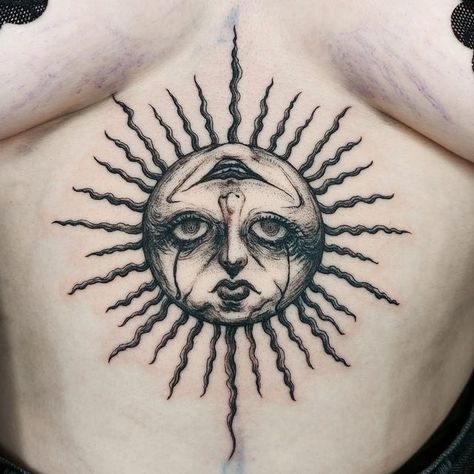 Woman And Sun Tattoo, Womens Cover Up Tattoos, Gothic Lady Tattoo, Sun And Moon Skull Tattoo, Goth Sun Tattoo, Blackwork Eye Tattoo, Creepy Sun And Moon Tattoo, Gothic Sun And Moon Tattoo, Blackwork Sun Tattoo