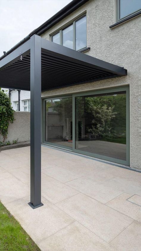 Patio Design Attached To House, Aluminum Pergola Attached To House, Modern Pergola Design Architecture, Irish Garden Ideas, Garden Pergola Ideas With Roof, Modern Pergola Attached To House, Contemporary Pergola Designs, Outdoor Pergola With Roof, Modern Pergola Patio