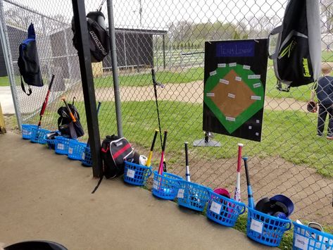 Team mom organizing the dugout. Baskets from the Dollar Tree. Teeball Dugout Ideas, Tball Organization, Dugout Baskets, Dugout Mom Ideas, Baseball Team Mom Ideas, Tball Dugout Organization, Tball Coach, Dugout Mom, Dugout Organization