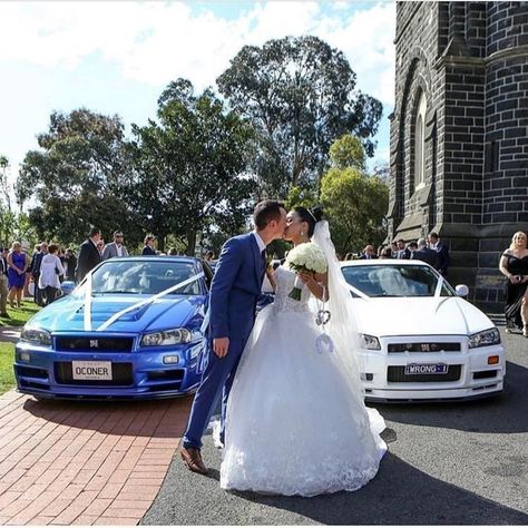 Car Themed Wedding, Wedding Car Ribbon, Car Wedding, Nissan R34, Skyline Wedding, Just Married Car, Glitter Wedding Dress, Car Quotes, Wedding Cars