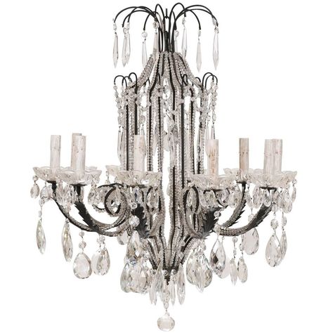 Italian Ten-Light Crystal and Dark Wrought Iron Chandelier Cupboard Decor, Wrought Iron Chandelier, Iron Chandelier, Wrought Iron Chandeliers, Candle Sleeves, Acanthus Leaves, Light Crystal, Wood Chandelier, Iron Chandeliers