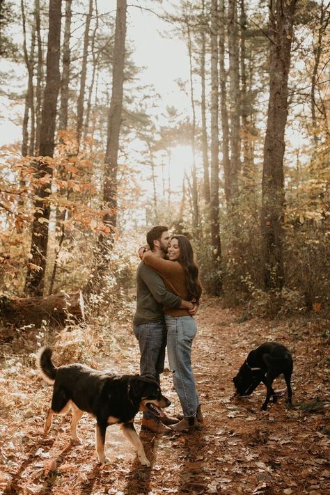 Massachusetts Woods Engagement Photo Session With Their Two Dogs Dogs Engagement Photos, Photography With Dogs, Family Photo Dog, Couple Pics With Dogs, Couples Pictures With Dogs, Couple And Dogs Photoshoot, Engagement Photo Inspo With Dog, Couples And Dogs Photoshoot, Family Poses With Dog