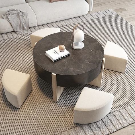 Staggered Coffee Table, Round Coffee Table With Stools, Round Coffee Table With Drawers, Sitting Room Table Ideas, Coffee Table Design Modern Simple, Smart Coffee Table, Coffee Table With Stools Underneath, Small Space Coffee Table, Coffee Table Seating