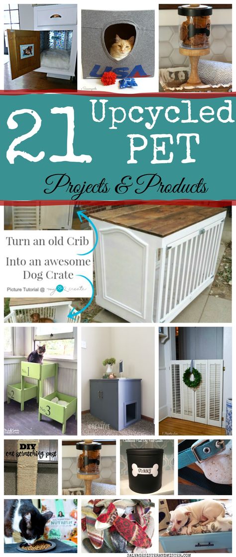 21 upcycled pet projects and products. Our fur babies can have items that we made ourselves (DIY) wiht items we have on hand. There are projects to make our dogs and cats beds, treat containers, littler areas, dog gates, dog food or cat food containers, and more. Great reuse or repurpose crafts. Plus, some etsy products to purchase to support small businesses and green products. #upcyclle #pets Upcycled Furniture For Pets, Diy Pet Furniture Projects, Diy Dog Beds For Small Dogs, Pet Furniture Cat Diy Projects, Pet Beds Diy, Upcycled Pet Bed, Cat Homes, Hobbies Ideas, Craft Booths