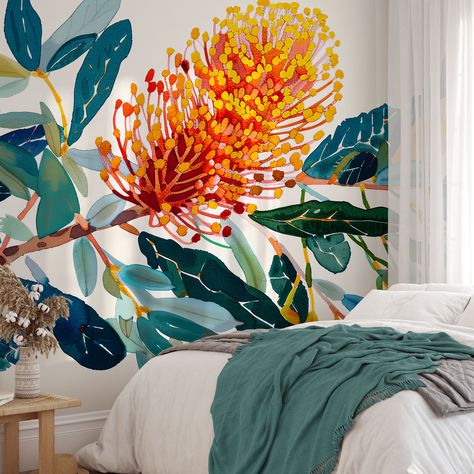 Wallpaper Mural Floral, Australian Wallpaper, Banksia Art, Protea Painting, Native Nursery, Murals Graffiti, Australia Wallpaper, Wallpaper Printable, Australian Trees