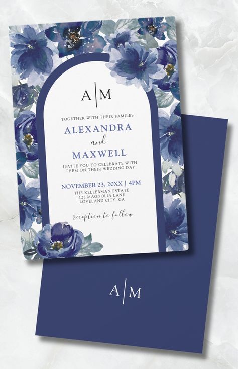 Elegant Modern Watercolor Navy Blue Floral Wedding Invitation Blue Black And White Wedding Theme, Dusty Blue And Navy Wedding Theme, Navy Blue Wedding Invites, Navy Wedding Theme, Black Floral Wedding, Black And White Wedding Theme, Blue Floral Wedding, Muslim Wedding Invitations, Navy Blue Wedding Invitations