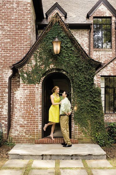 Yellow Front Doors, Brick Cottage, Tudor Cottage, Green Front Doors, English Tudor, Brick Exterior House, Tudor House, Atlanta Homes, Tudor Style