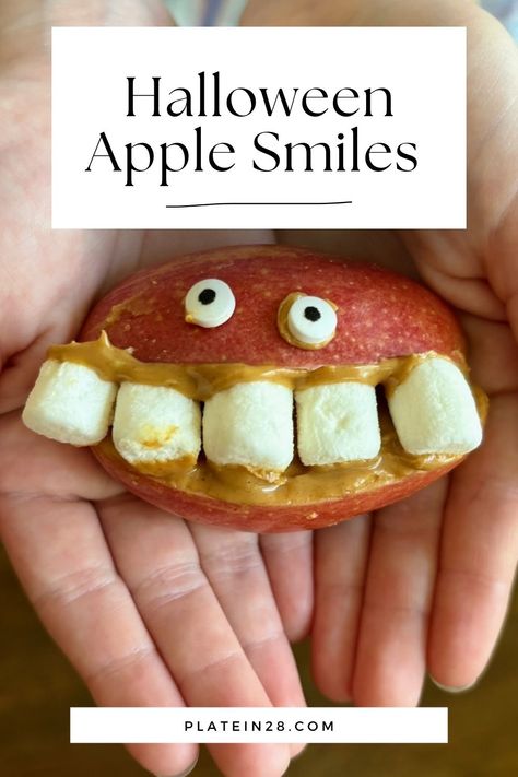 We have the silliest Halloween snack with a healthy twist! 🎃🍎 Try these adorable apple teeth snacks made from apples, peanut butter, and marshmallows! This Halloween apple treat is sure to bing a smile or laugh to your kiddo's face! Apple Peanut Butter Marshmallow Teeth, Apple Teeth Snack, Halloween Fruit Cups For Kids, Halloween Apple Treats, Apple Smiles, Apples With Peanut Butter, Apples Peanut Butter, Kindergarten Snacks, Yogurt Covered Raisins