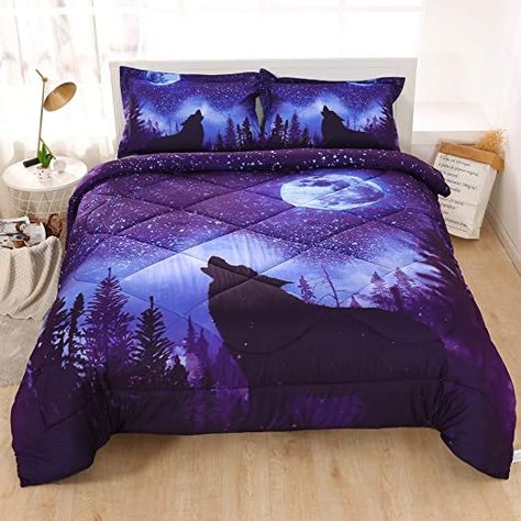 Galaxy Bedroom, Galaxy Bedding, Galaxy Wolf, Wolf Decor, Moon Wolf, Blue Bedding Sets, Comforter Bedding, Twin Comforter Sets, Comforter Bedding Sets