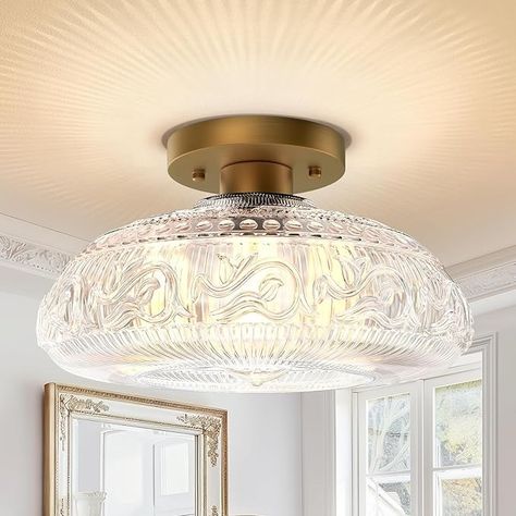 Semi Flush Mount Ceiling Light Fixture - Modern Glass Hall Light, Overhead Light Fixture for Kitchen, Hallway, Bathroom and Entry Way, Compatible with E26 Light Bulb, Gold - Amazon.com Overhead Light, Hall Lighting, Hallway Bathroom, Vintage Light Fixtures, Kitchen Hallway, Kitchen Lighting Fixtures, Overhead Lighting, Ceiling Light Fixture, Entry Way