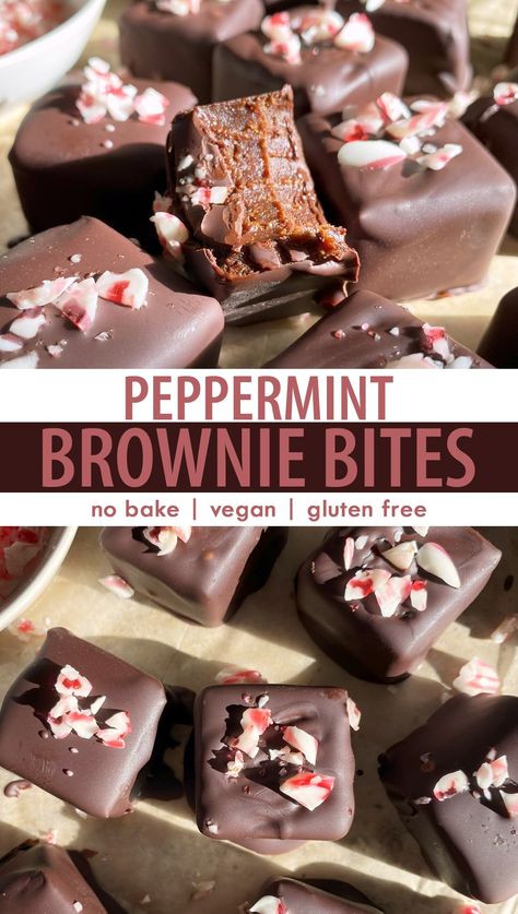 These gluten free peppermint brownie bites have a chewy center that's coated in dark chocolate and topped with crushed candy canes. These flourless brownie bites are no-bake, gluten free, vegan and paleo (without the candy canes). They're easy to make and great for a simple peppermint holiday dessert to share. Lactose Free Christmas Treats, Healthy Peppermint Desserts, Paleo Christmas Desserts, Keto Peppermint Brownies, Gluten Free Peppermint Brownies, Pepermint Brownies, Peppermint Brownie Truffles, Gluten Free Holiday Baking, Peppermint Brownie Bites