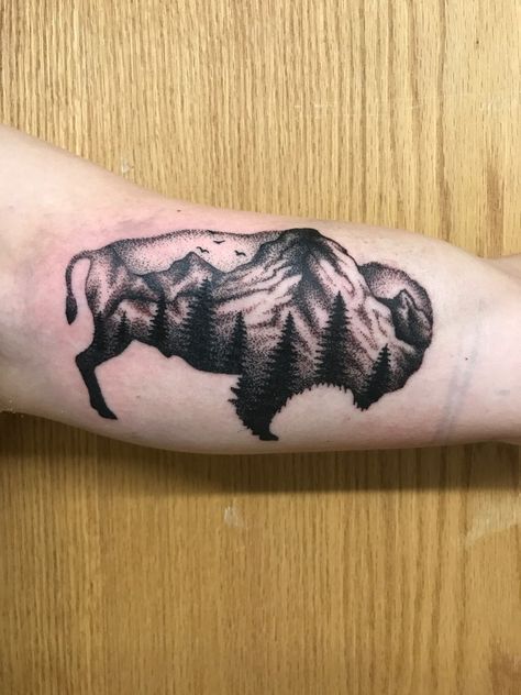 Western Nature Tattoo, Buffalo Tattoos For Men, Buffalo Storm Tattoo, Wyoming Bucking Horse Tattoo, Buffalo Tattoo Ideas For Men, Bison Tattoo Ideas For Women, White Buffalo Tattoo, Oklahoma Tattoo Ideas, Wyoming Tattoo Ideas