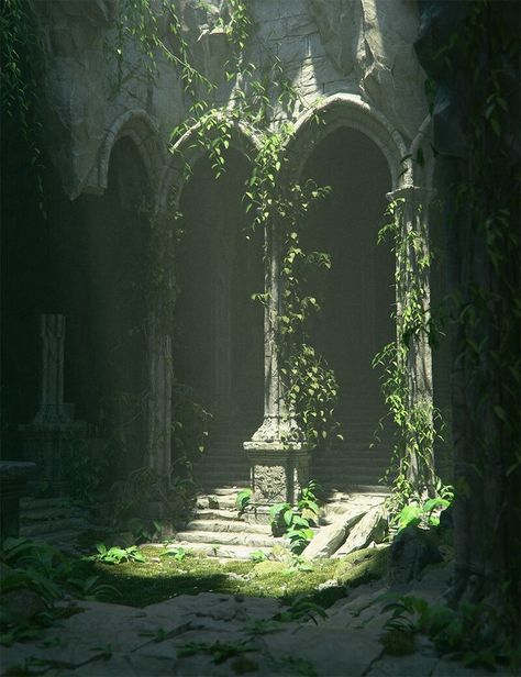 Dark Castle Garden Aesthetic, Overgrown Fantasy City, Dnd Ruins Art, Overgrown Manor, Lake Mood Board, Vines On Building, Overgrown Steampunk, Nuclear Apocalypse Aesthetic, Overgrown Statue