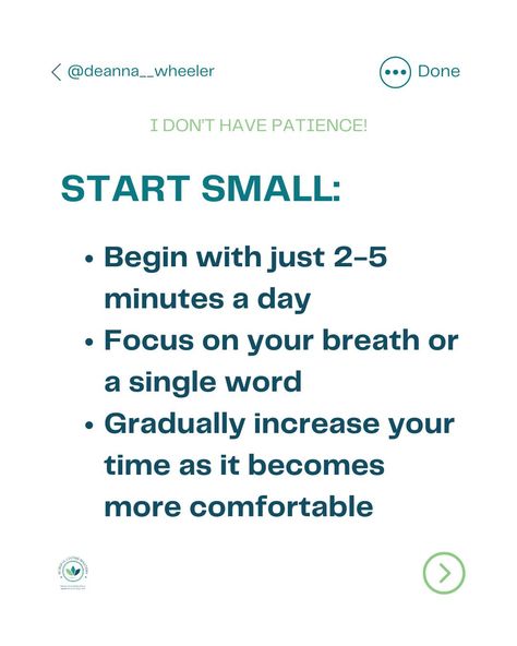 🌟 Struggling with patience in meditation? 🌟 You're not alone! Here are 3 simple tips to help you build patience and make meditation a part of your daily life: 1️⃣ Start Small: Begin with just 2-5 minutes a day, focusing on your breath or a single word. Gradually increase your time as you feel more comfortable. 2️⃣ Create a Calm Environment: Find a quiet, distraction-free space. Use soft lighting or candles and play gentle, soothing music or nature sounds. 3️⃣ Be Kind to Yourself: Remember,... Having Patience, Free Space, Nature Sounds, Single Words, Focus On Yourself, Be Kind To Yourself, Healing, How Are You Feeling, Feelings