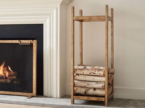 10 of the Best Indoor Firewood Storage Ideas • Maria Louise Design Indoor Wood Storage, Industrial Fireplaces, Firewood Storage Ideas, Stove Surround, Industrial Fireplace, Firewood Storage Indoor, Chill Place, Farmhouse Window Treatments, Farmhouse Wallpaper