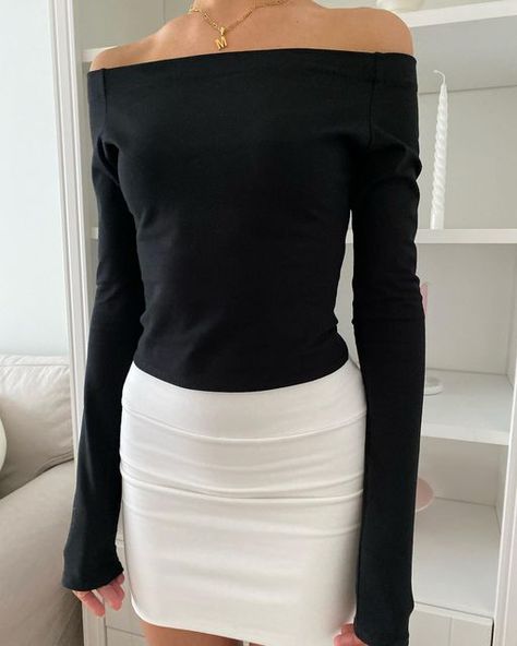 Aseni Eluas on Instagram: "Everyday Off The Shoulder Top and Skirt 🤍🖤 My first proper off the shoulder top. Perfect for wearing with jeans or matching skirt. Elongated sleeves adds uniques to the simple piece." Off The Shoulder Outfit Aesthetic, Off Shoulder Top Aesthetic, Thrift Manifest, Future Clothing, Off The Shoulder Top Outfit, Random Clothes, Thrift Inspo, Simple Fall Outfits, Future Clothes