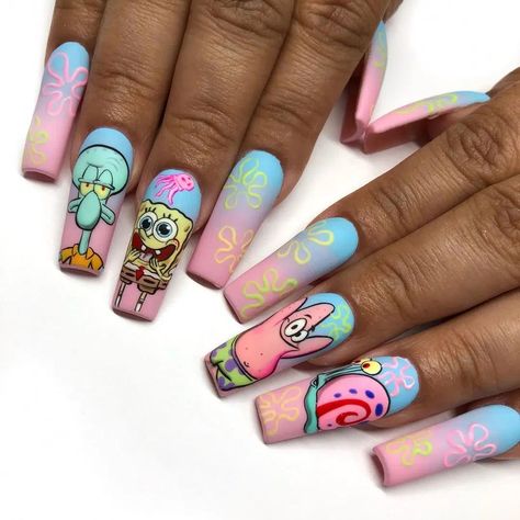 Spongebob Nails Designs, Nails Spongebob, Sponge Bob Nails, Nail Art Character, Summer Disney Nails, Disney Character Nails, Cartoon Character Nails, 90s Cartoon Nails Acrylic, Spongebob Nail Art