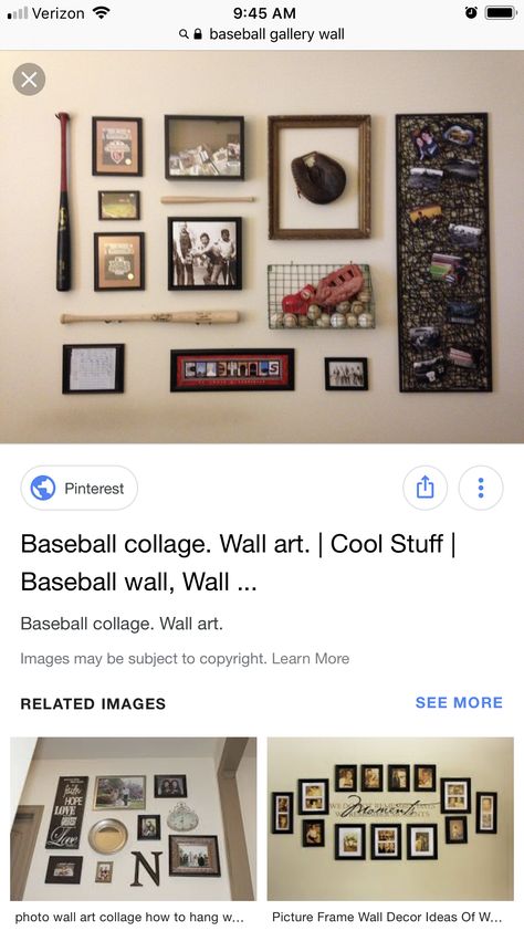 Sports Wall Collage Ideas, Sports Memorabilia Office, Baseball Gallery Wall, Sports Memorabilia Display Wall, Baseball Card Display Ideas, Sports Office Decor Ideas, Sports Gallery Wall, Baseball Memorabilia Display, Baseball Rooms