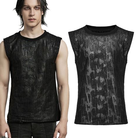 PUNK RAVE Distressed tank top | BOUDOIR NOIR Punk Sleeveless Tank Top For Club, Fitted Punk Style Tank Top, Punk Streetwear Stretch Tank Top, Gothic Male, Distressed Tank Top, Black Punk Tank Strap Top, Punk Tank Top Men, Gothic Tank Tops, Ladies Gents