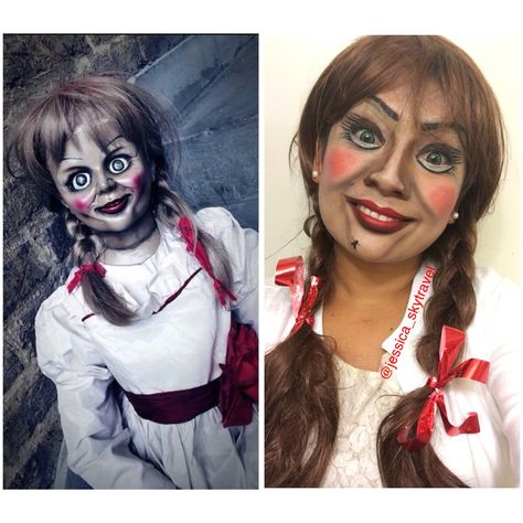 Annabelle doll makeup/costume Annabelle Doll Makeup, Annabelle Halloween Costume, Makeup Costume Halloween, Annabelle Makeup, Annabelle Halloween, The Conjuring Annabelle, Annabelle Doll, Makeup Scary, Halloween Makeup Diy