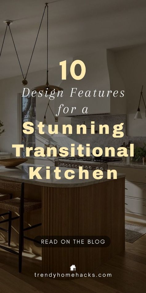 In this Trendy Home Hacks blog post, we explore 10 key features to help you craft a stunning transitional kitchen for your home.

By seamlessly fusing old-world elements with sleek, up-to-date features, transitional kitchens exude an inviting and stylish ambiance like no other.

So, if you are ready to learn more, head over to the website to view the full article with curated images. And, don't forget to save this pin for later.

Happy designing! Kitchen Transitional Style, Transitional Kitchen Backsplash, Transitional Modern Kitchen, Large Kitchen Ideas, Modern Transitional Kitchen, Showcase Kitchen, Kitchen Decor Ideas Diy, Small Kitchen Spaces, Modern Traditional Kitchen