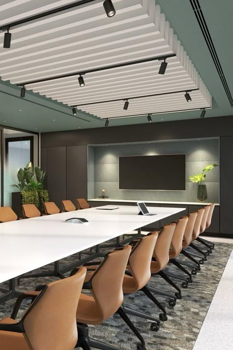 Meeting Room Design Office, Office Ceiling Design, Green Ceiling, Conference Room Design, Custom Interior Doors, Meeting Room Design, Office Interior Design Modern, Office Meeting Room, Modern Office Design