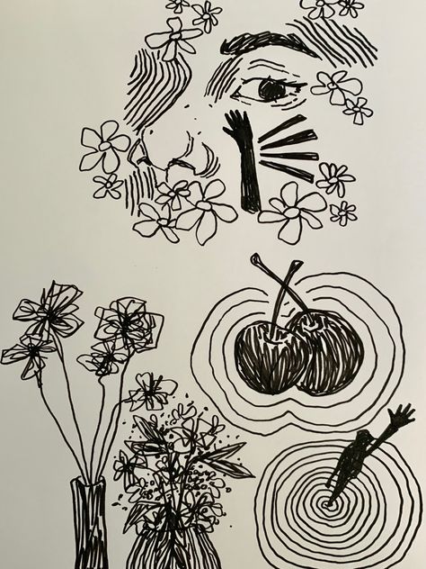 ink, cherry, sketchbook, penart, doodles, flowers Gel Pen Doodles, Doodles Flowers, Gel Pen Drawings, Sketchbook Doodles, Pen Doodles, Mind Map, Pen Drawing, Gel Pens, Sketch Book