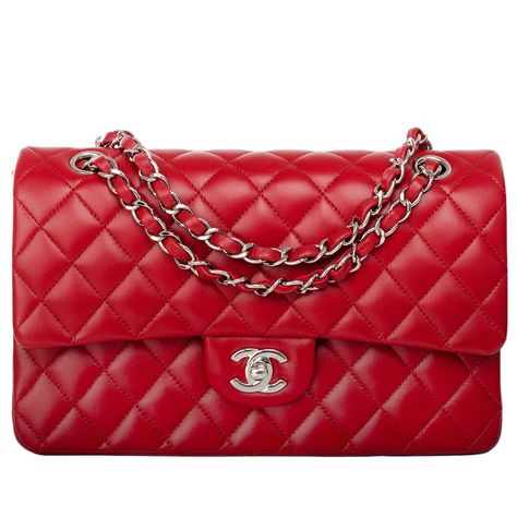 Chanel Red Quilted Lambskin Large Classic Double Flap Bag | From a collection of rare vintage shoulder bags at https://www.1stdibs.com/fashion/handbags-purses-bags/shoulder-bags/ Chanel Handbags Black, Handbags Chanel, Chanel Classic Flap Bag, Red Chanel, Luxury Bags Collection, Chanel Flap Bag, Chanel Purse, Quilted Handbags, Red Purses