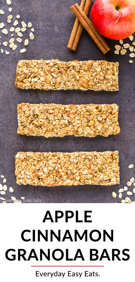 These easy, homemade Healthy Apple Cinnamon Granola Bars are no bake, chewy and perfect for kids! A gluten free recipe that can easily be made vegan. | EverydayEasyEats.com #granolabars #kidfriendly Apple Granola Bars, Apple Cinnamon Granola, Apple Recipes Easy Healthy, Cinnamon Healthy, Cinnamon Granola, No Bake Granola Bars, Morning Glory Muffins, Nut Granola, Healthy Granola