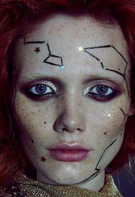 Star Sign Makeup, Constellation Makeup, Late Night Makeup, New Moon Crystals, Midnight Makeup, Astrology Makeup, Models With Freckles, Star Freckles, Glitter Freckles