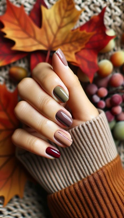 Fall Nails Jewel Tone, Trendy Minimalist Nails Fall, Fall Nails Cranberry, Gold Stripe Nail Art, Fall Multicolor Nails Acrylic, Nail Polish Fall 2024, Dark Autumn Nail Designs, 2024 Nails Fall, Two Tone Manicure