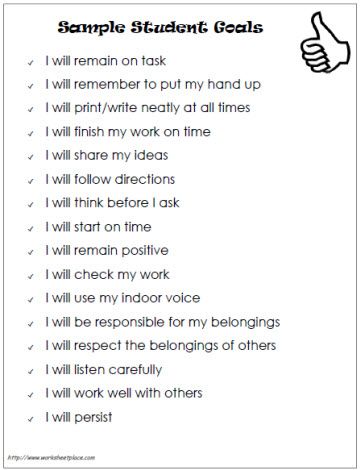 Sample Goals for Students                                                                                                                                                      More 2024 Goals For Students, Goals For Students, Student Learning Goals, New Year Goals For Students, Goal Setting For Students Elementary, Student Goal Sheet Elementary, Student Accountability Elementary, Student Goal Setting Elementary Data Binders, Student Accountability Middle School