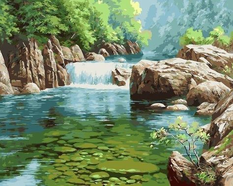 Stream Water, Paint Pictures, Diy Oil Painting, Environment Painting, Water Wall, Arte Peculiar, Relaxing Art, Framed Oil Painting, Wall Pictures