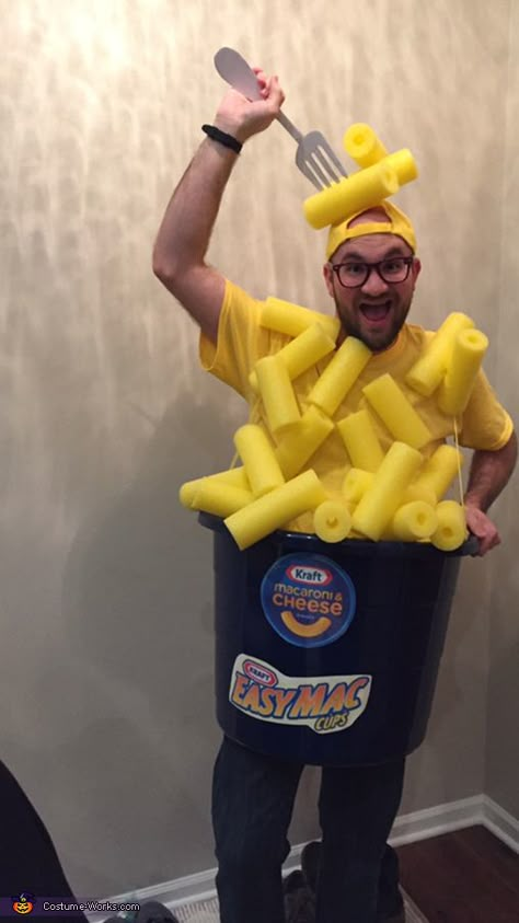 Josh: This costume was a DIY costume that made me hungry!! It fits my personality, and it's good for any age! Materials: 3 yellow pool noodles (cut into 6-9 inch parts)... Macaroni Costume, Cheese Costume, Make Noodles, Food Halloween Costumes, Halloween Coustumes, Food Costumes, Diy Halloween Costumes For Women, Clever Halloween Costumes, Egg Cheese