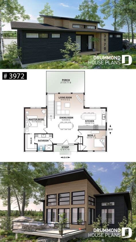 2 Bedroom Chalet Plans, Modern Cottage Layout, Waterfront Cottage Plans, Small Waterfront House Plans, Small Unique House, Modern Cabin Floorplan, Modern Cottage Floor Plans, Small Cottage Layout, Modern Cottage Plans