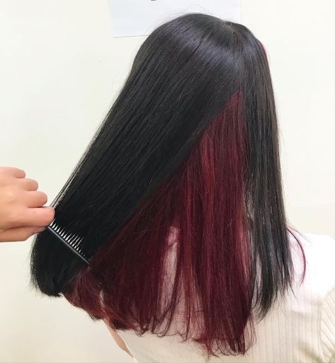 Black Red Peekaboo Hair, Maroon Underneath Hair, Half Brown Half Red Hair Underneath, Black Cherry Underneath Hair, Burgundy Underdye Hair, Dark Under Dye Hair, Red Under Layer Hair, Half Red Half Black Hair Underneath, Cherry Red Hair Underneath