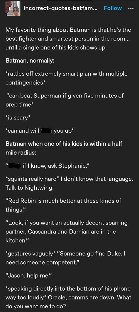 Batman X Everyone, Batfamily Oc Female, Bat Family X Super Family, Superbat Headcanons, Bat Family Headcanons, Nightwing Headcanon, Batman Headcanon, Batfam Headcanons, Batman Family Fanart