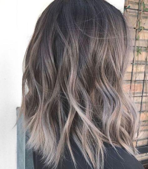 Cool Toned Brunette Hair with Ash Balayage How To Bayalage Hair, Ash Balayage, Silver Ombre Hair, Silver Hair Highlights, Inverted Long Bob, Natural Brown Hair, Rambut Brunette, Ash Brown Hair, Silver Hair Color