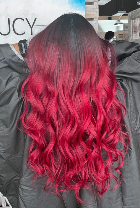 Bright Red Hair With Black Roots, Red Hair Black Roots, Red Hair With Black Roots, Black Roots Red Hair, Raspberry Hair, Cover Gray Hair, Witchy Hair, Vibrant Red Hair, Red Balayage Hair