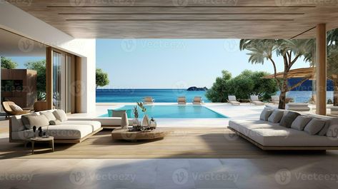 Sea view from the large living room of luxury summer beach house with swimming pool near terrace. Generative AI Home Near Sea, House With Swimming Pool, Resort Ideas, Summer Beach House, Bedroom Organization Storage, Sala Grande, Home Garden Design, Dining Room Chandelier, Sea View