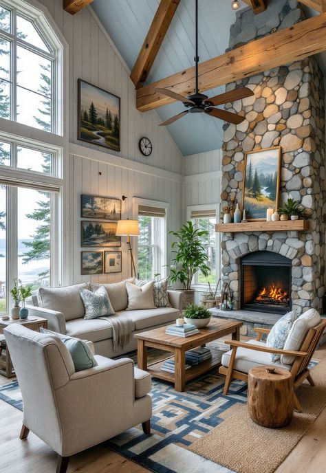 Small Cabin Interior Ideas Cabin Lake House Interior, Cabin Color Schemes Interior, Bright Cabin Interior, Tiny Lake House Interior, Pacific Northwest Style Home Interiors, Cabin Summer Aesthetic, Lake House Interior Design Ideas, Small Lake Cabin Interiors, Small Guest Cabin