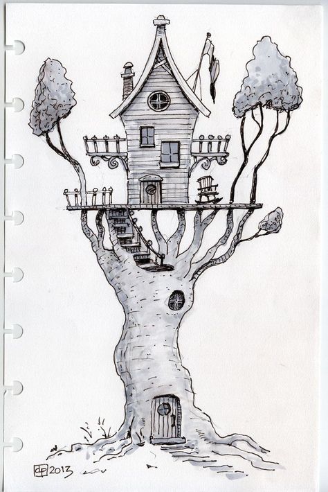 Whimsical Treehouse, Tree House Drawing, Animal Stencil Art, Mushroom Houses, Whimsical Houses, Watercolor House Painting, Whimsical Art Paintings, Line And Wash, Unique Drawings