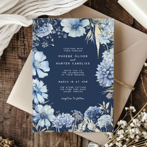 Boho Navy Blue Gold Wildflowers Botanical Wedding Invitation | Zazzle Aster Flower, Botanical Wedding Invitations, Flower Invitation, Botanical Wedding, Exquisite Design, Rustic Charm, Blue Gold, Navy Blue, Wedding Stationery