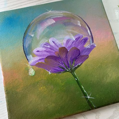 An acrylic painting on canvas with blurry background that looks like a park or garden. There is a purple flower as the main object of the painting, wrapped with beautiful shiny bubble Acrylic Bubble Painting, Bubble Painting On Canvas, Paint Acrylic Flowers, Acrylic Reference, Painting With Bubbles, Bubble Drawing, Blurry Background, Art Modeling, Bubble Painting